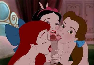Arielle along with Snow White and Belle triple team blowjob