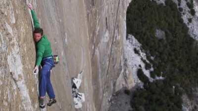 Tommy Caldwell on the 5.14d (9a) section of the The Dawn Wall, El Cap