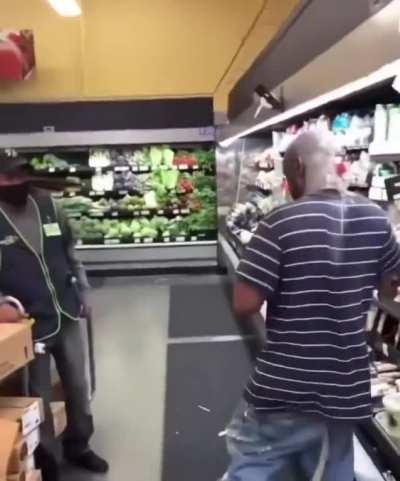Guy treats supermarket like his personal playground (most likely high on something)