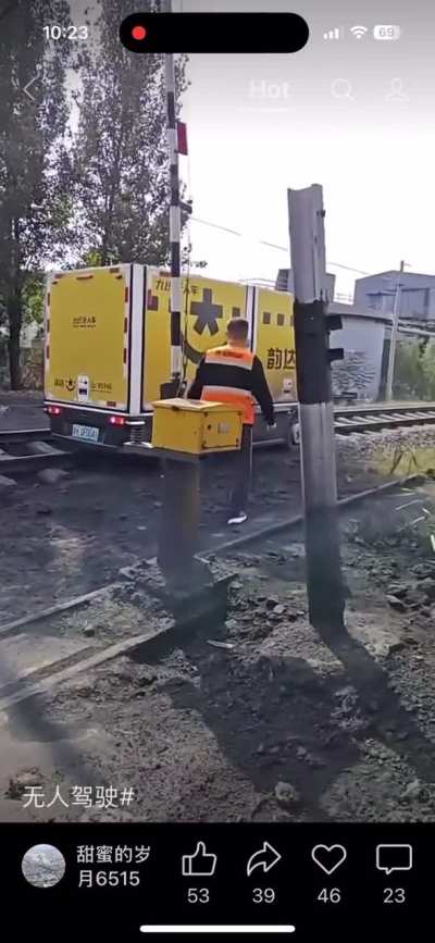 Self driving delivery vehicle gets stuck on tracks. Bitch SkyNet needs to do better.