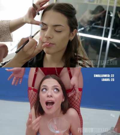 Innocent beauty 19-year-old Ramona at her first bukkake event