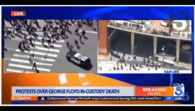 LA cop car rams protester on live TV chopper camera