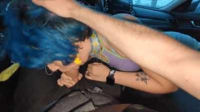 Sneaky rainy day car blowjob