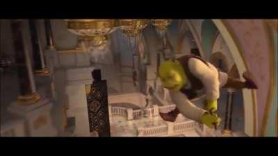 The escape scene from Shrek 4, but with One Little Slip from Chicken Little.