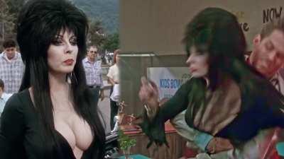 Nipslip on set of Elvira: Mistress of the Dark (1988) Gorgeous goth Milf Cassandra Peterson