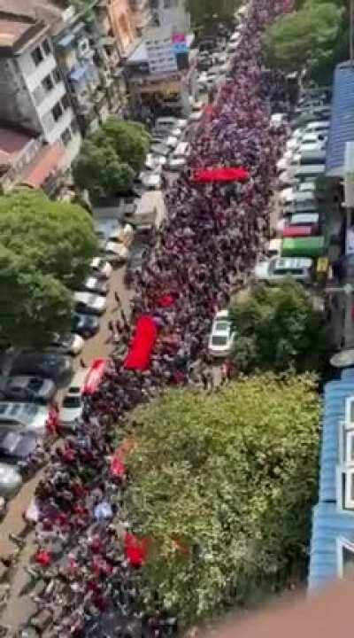 Protestors marching in Yangon, Myanmar. To protest the coup and internet shutdown yesterday.