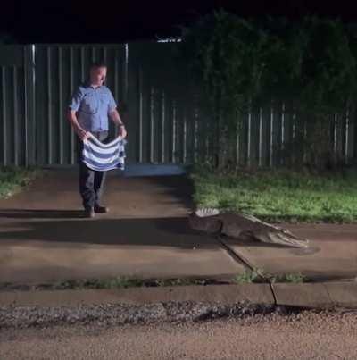 Australian Police Officer tries to subdue crocodile with small towel