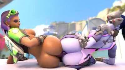 Sombra and Widow sharing double dildo (Arhoangel)