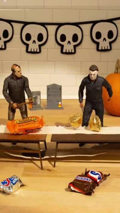 Stop motion of Jason Voorhees and Michael Myers in a candy factory