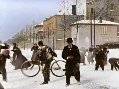 Snowball fight on the streets of Lyon, France, 1896