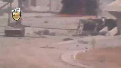 Opposition anti-tank strike on a Syrian Army T-72 appears to ignite fuel - Jobar, Damascus - 9/13/2013