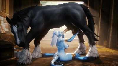 Our beloved Draenei whore was sold to the highest bidder; a simple farmhand who had some extra gold coin. He needed some entertainment for himself and for his steeds. Luckily for him, this Draenei slut loves to suck horse cock. (Noname55)
