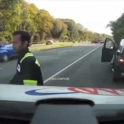 Wow, he didn't get blasted apart! :o Watch out & get a clear unobstructed view of the traffic before crossing or entering a road, you guys