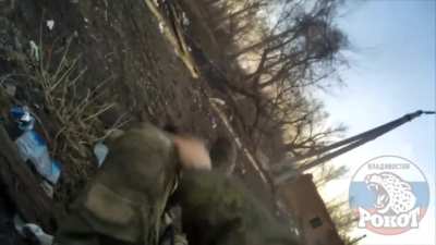 GoPro footage of RU soldier getting hit by FPV drone (Mar 10th, location unknown)