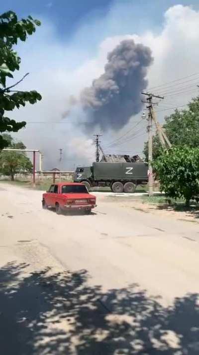 russian ammunition depot hit today in Crimea, It is reported the detonation can be heard 30-50 km from the epicenter