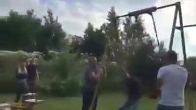 Newton’s 1st law of motion: A body in motion stays in motion (and may fall off swing and bust his neck into a fence like a dang fool)