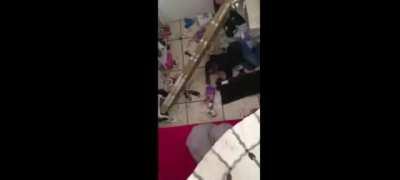 A chandelier falls he falls a board falls