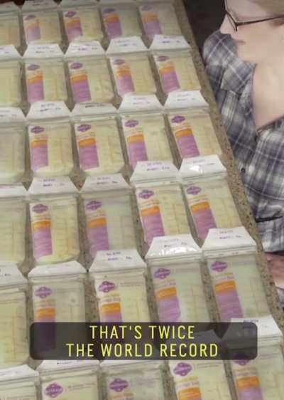 A mother of two that has hyperlactation syndrome causing her to produce 1.75 gallons of milk a day, with over 5,000 ounces stored in her freezer