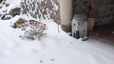 Model train with rotary snow plow.