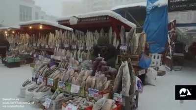 Open air market at -45°C (-49°F) where fish and meat remain naturally frozen (Yakutsk, Russia)