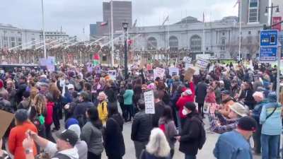 500+ Trump/Musk/DOGE protestors have gathered at SF City Hall, as more continue to stream in