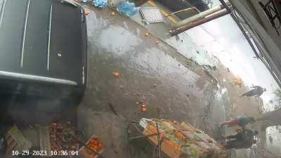 Black SUV ended up on the sidewalk almost taking out a friend of my wife’s after hitting a car coming out of a garage