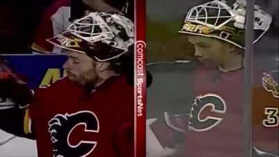 Imitation is the sincerest form of flattery. Young CALGARY FLAMES fan copies his goalie idol.