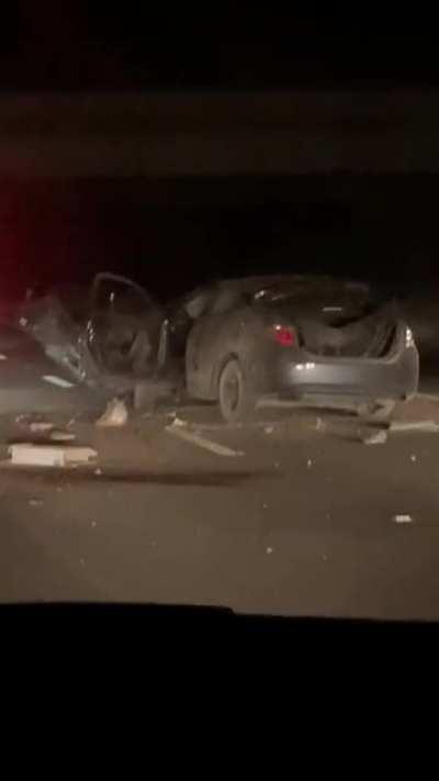 AFTERMATH- second car not caught on video was on the ither side of the highway, and was also scorched. Less damage than seen, but an ambulance was on the way.