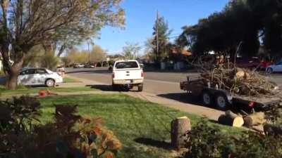 Pulling a stump out with cheap rope.
