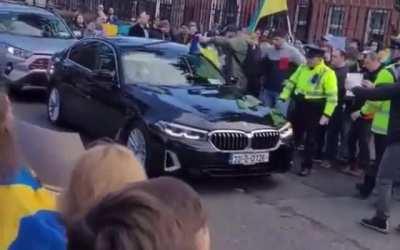 Russian ambassador stopped by angry protesters as he attempts to enter the Embassy in Ireland.