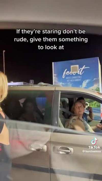 *Repeatedly pacing between cars recording* “we’ll make them turn their heads everywhere we go”