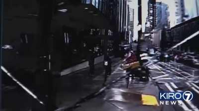 Runaway bus plowed through poles and plants in Downtown Seattle