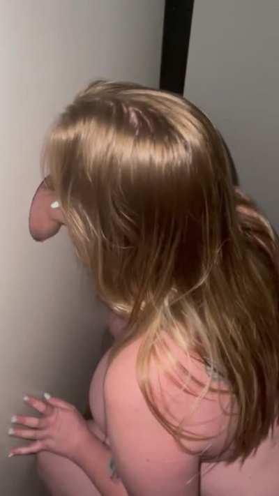 Three strangers creampie wife at the gloryhole while husband watches