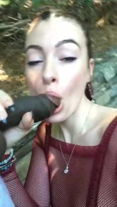 White girl sucks boyfriend's BBC in public