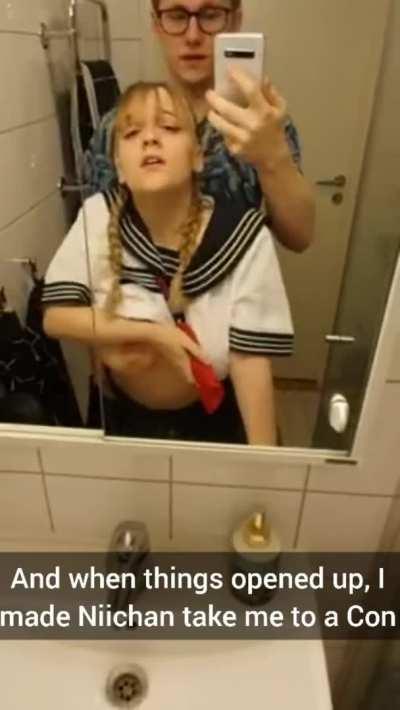 [Porn] natural Curvy tiny blonde with pigtails fucked from behind in front of mirror selfie video moaning schoolgirl clothed [Gif]