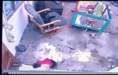 Cat stops baby from falling down the stairs.