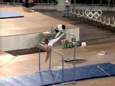 Olga Korbut performing her famous Korbut flip element in 1972. Nobody has been able to repeat it since as rules were changed short after, making the move illegal in the Olympic Code of Points.