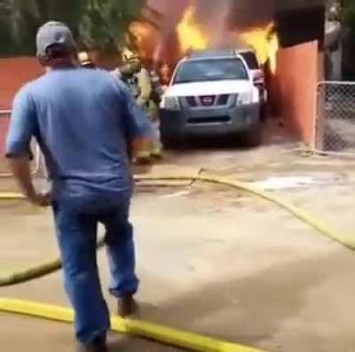 Running into the flames of his burning house to rescue his pet