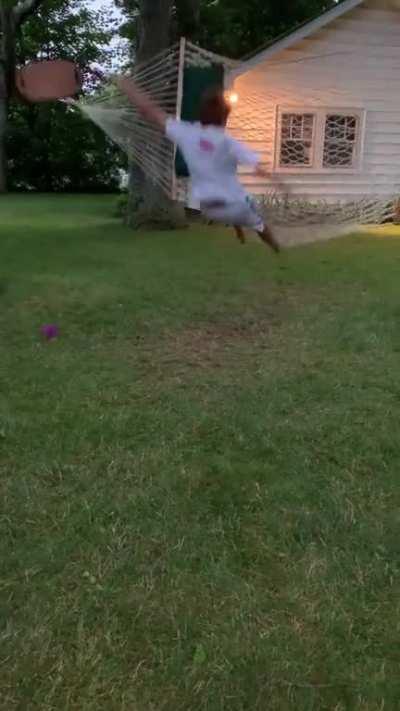 Jumping onto hammock from swing.