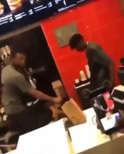 Fast food employees beat up unruly customer after he jumped over the counter