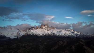 Rolling clouds over Cerro Fitz Roy. DJI AIR 3s. El Chalten, Patagonia.
