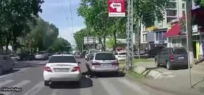 Driver rolls through a pedestrian crossing and launches kid into into another car (r/shortclips)