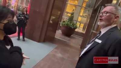 Protest Karen demands to be let in private property harassing poor security guard