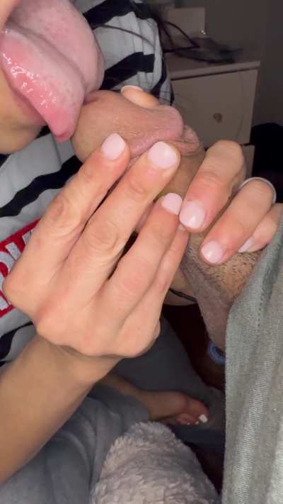 licking precum close up