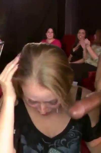 Amazing party girl happily taking her facial