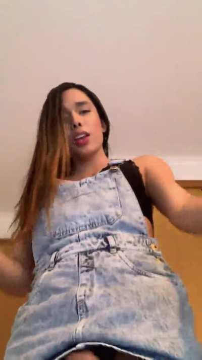 April_Rose shows her cock in a cute denim dress