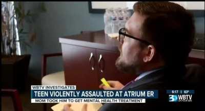 Security guard and sheriffs deputies launch an unprovoked attack on nonviolent teen taken for a mental health evaluation. At one point punching him repeatedly in the face while handcuffed.