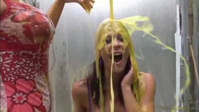 Busty blonde and her brunette friend did not want to be gunged