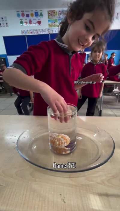 The teacher challenged his students to remove a mandarin from a glass full of water without spilling a single drop.