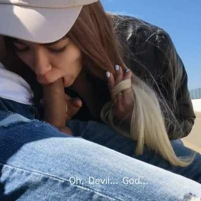 Blowjob on a public bench